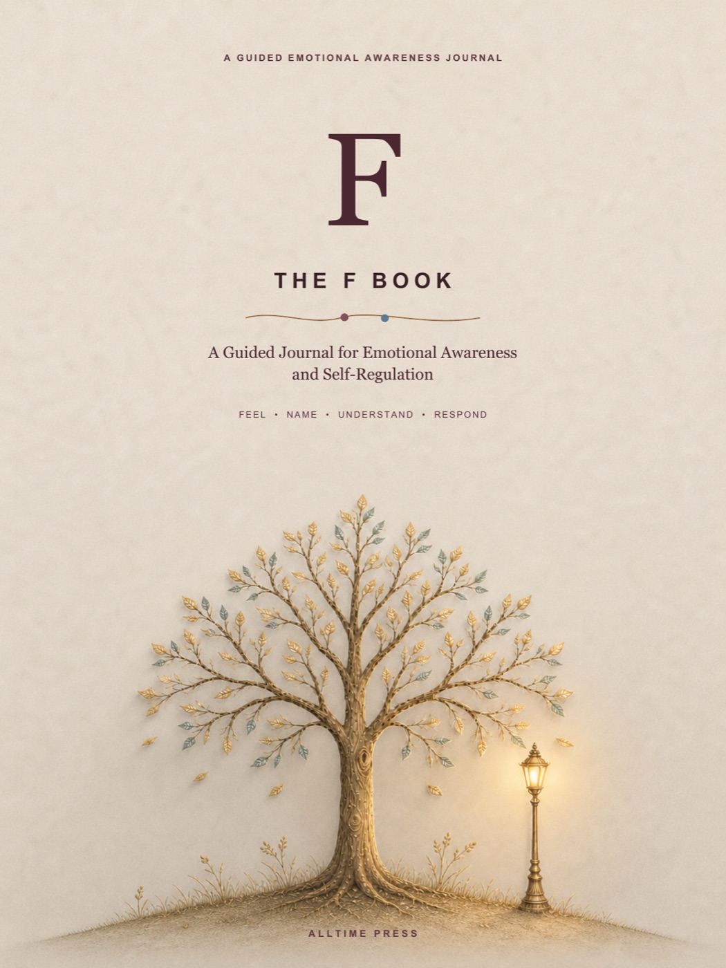 Beige cover of The F Book with a tree and glowing lamp