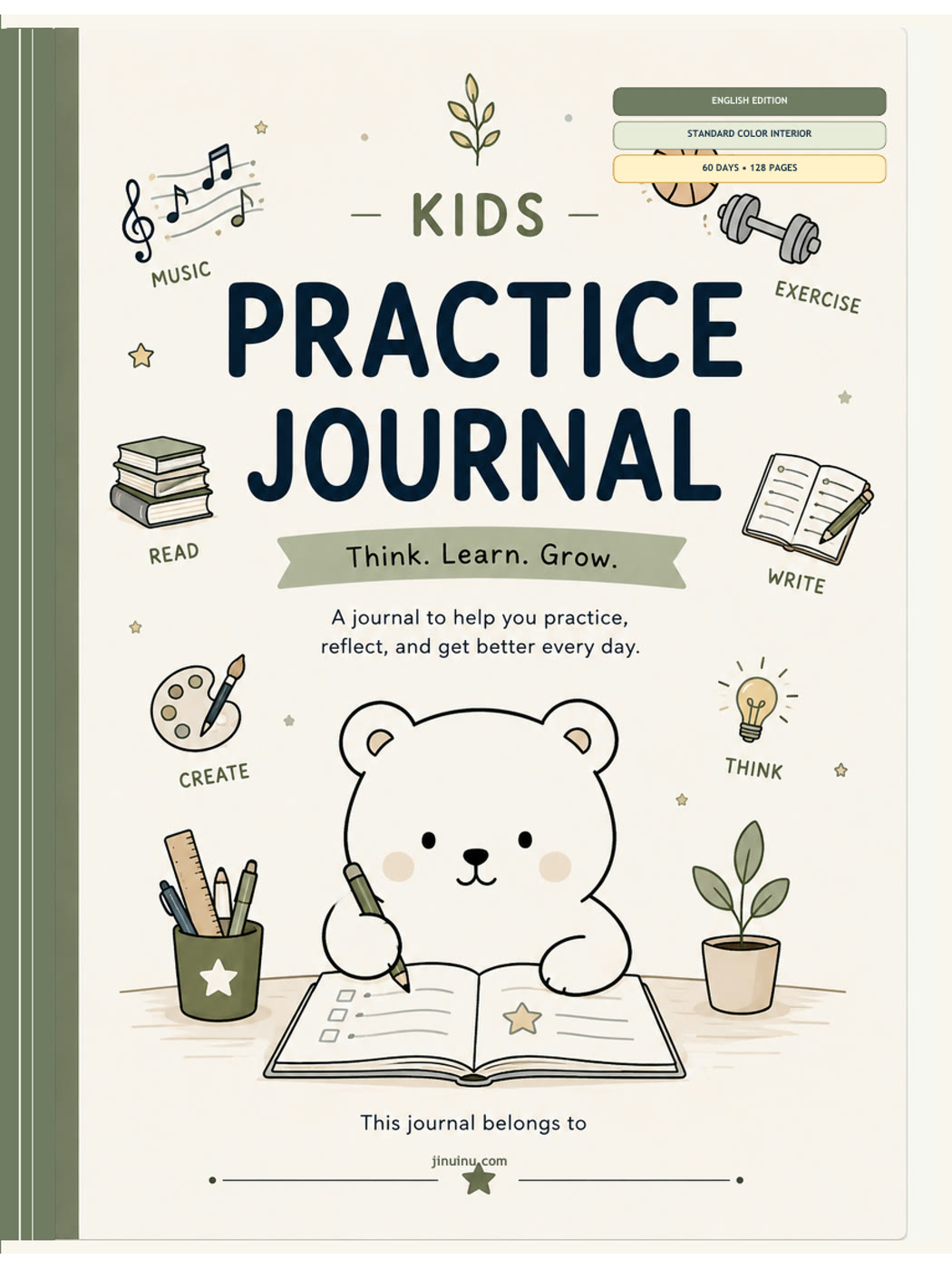Ivory and olive Kids Practice Journal cover with a bear writing