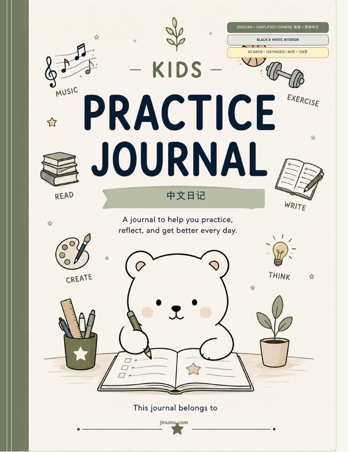 Kids Practice Journal, English + Simplified Chinese · Black-and-white interior cover
