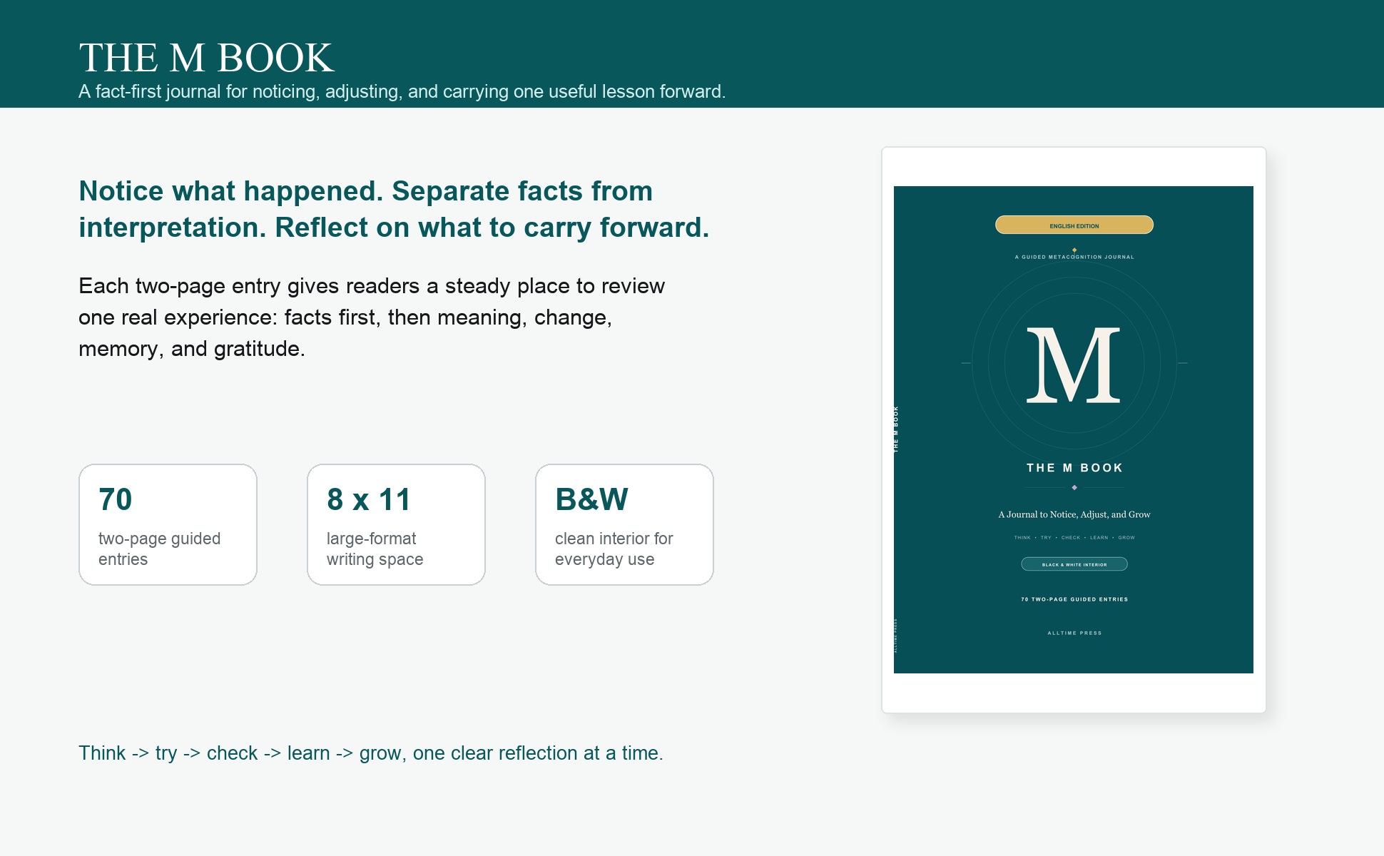 The latest M Book: 70 entries, 8 × 11 pages, and a fact-first reflection flow