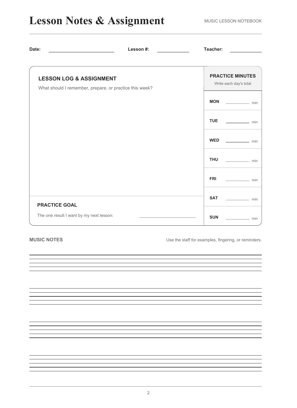 Full lesson, daily minutes, goal, and staff page